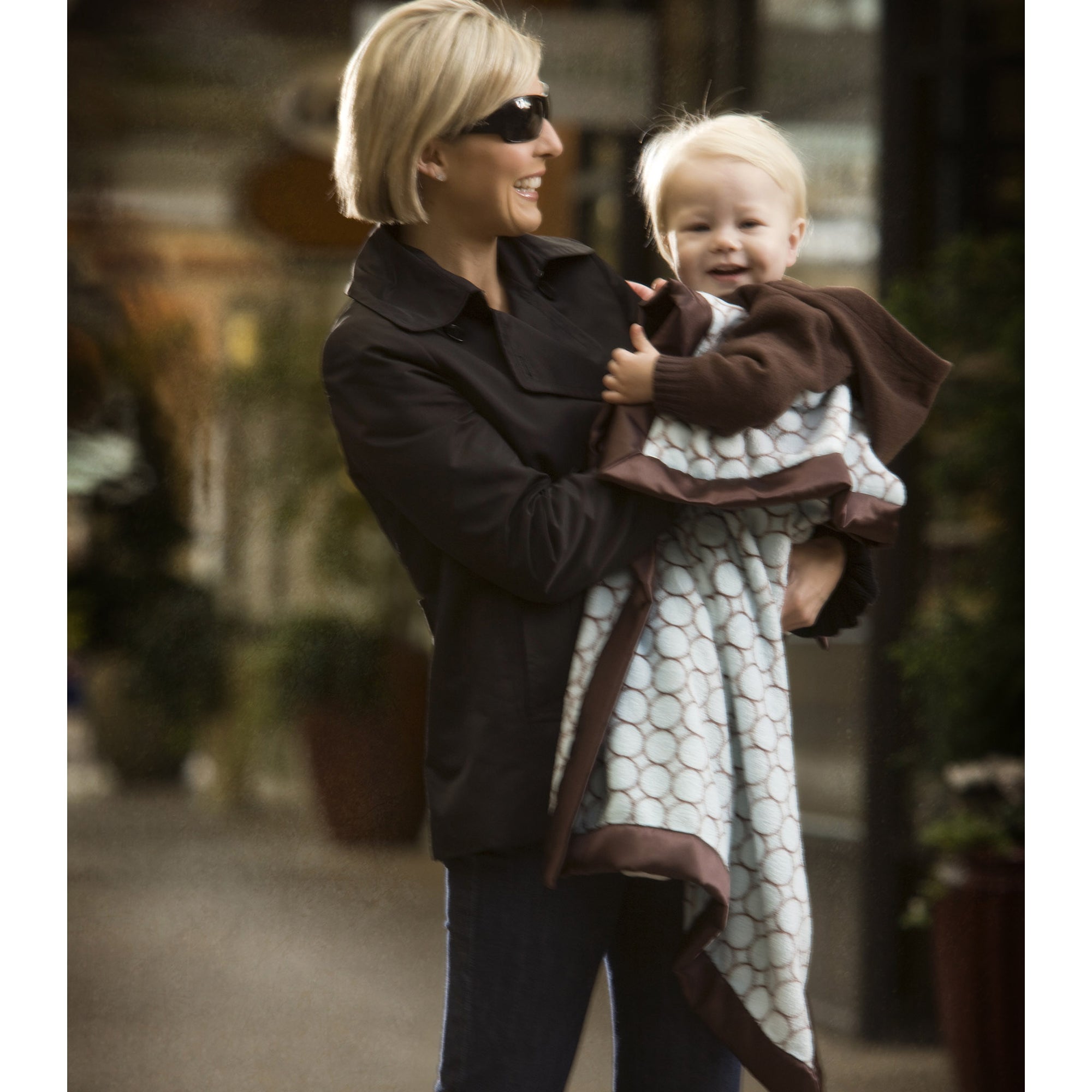 Stroller Blanket Brown Mod Circles on Pastel Blue, Large, 30x40 inch