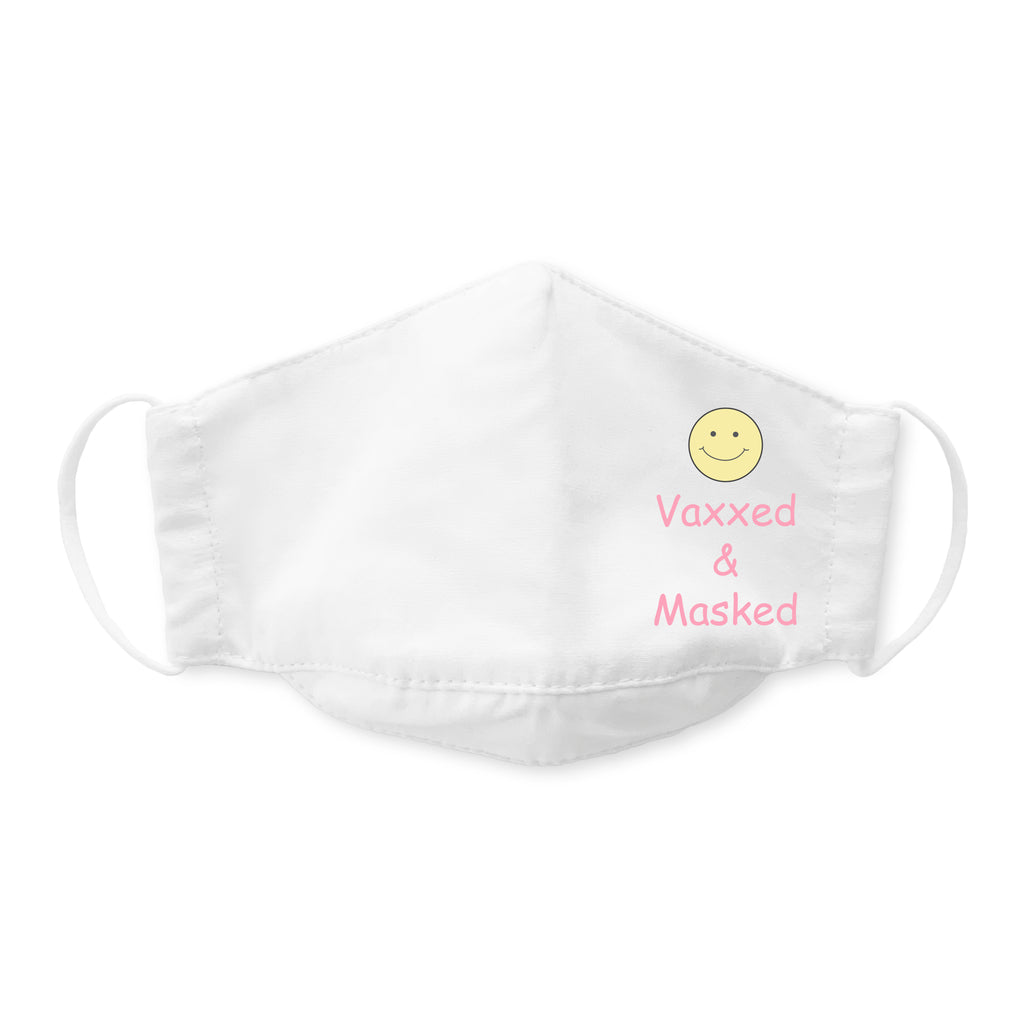 Kids Face Mask, 3-Layer Woven Cotton Chambray, White, Vaxxed & Masked
