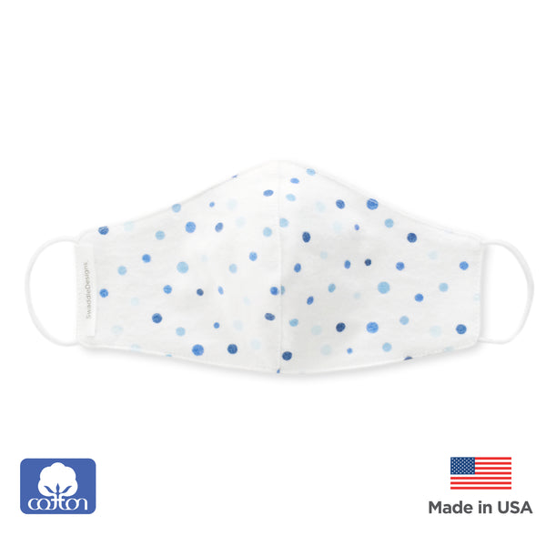 Kids Face Mask, 2-Layer Cotton Flannel, Playful Dots, Blue - Child Size, Made in USA, 100 Pack