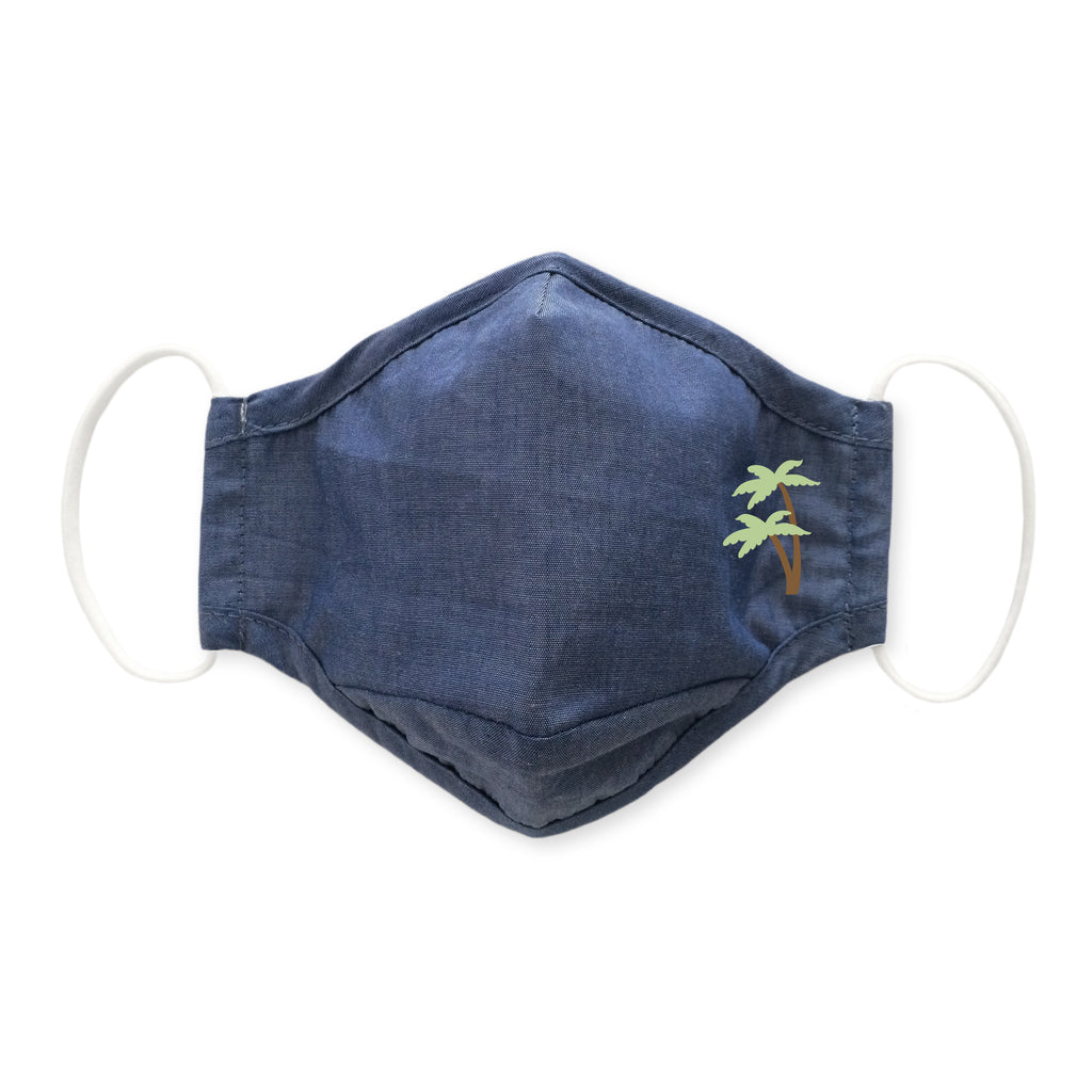 3-Layer Woven Cotton Chambray Face Mask, Denim, Green Palm Trees
