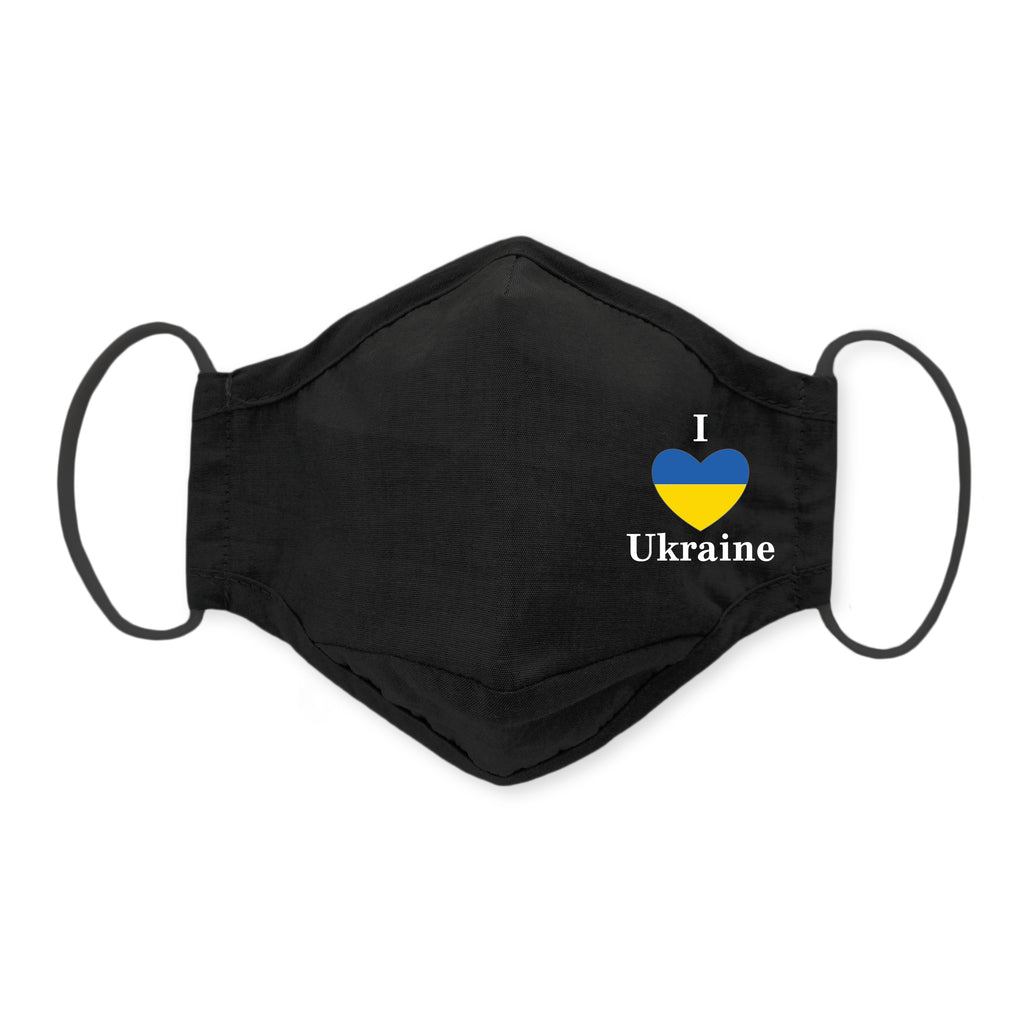 3-Layer Woven Cotton Chambray Face Mask, I Heart Ukraine, Black