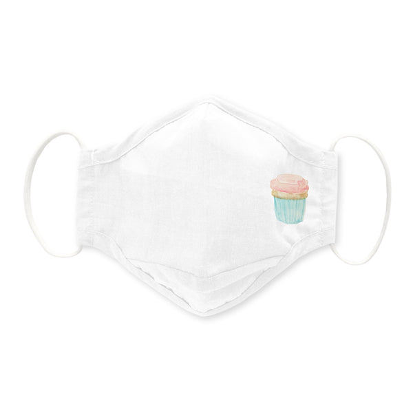 3-Layer Woven Cotton Chambray Face Mask, Watercolor Cupcake, White