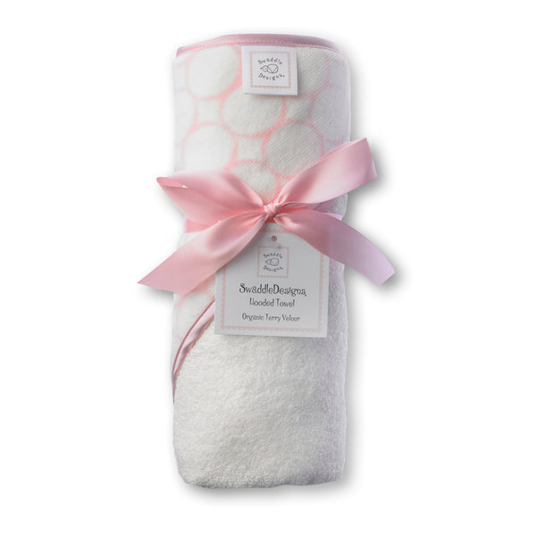 Organic Hooded Towel - Mod Circles on Ivory, Pastel Pink