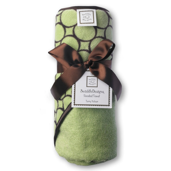 Terry Velour Hooded Towel - Brown Mod Circles, Lime