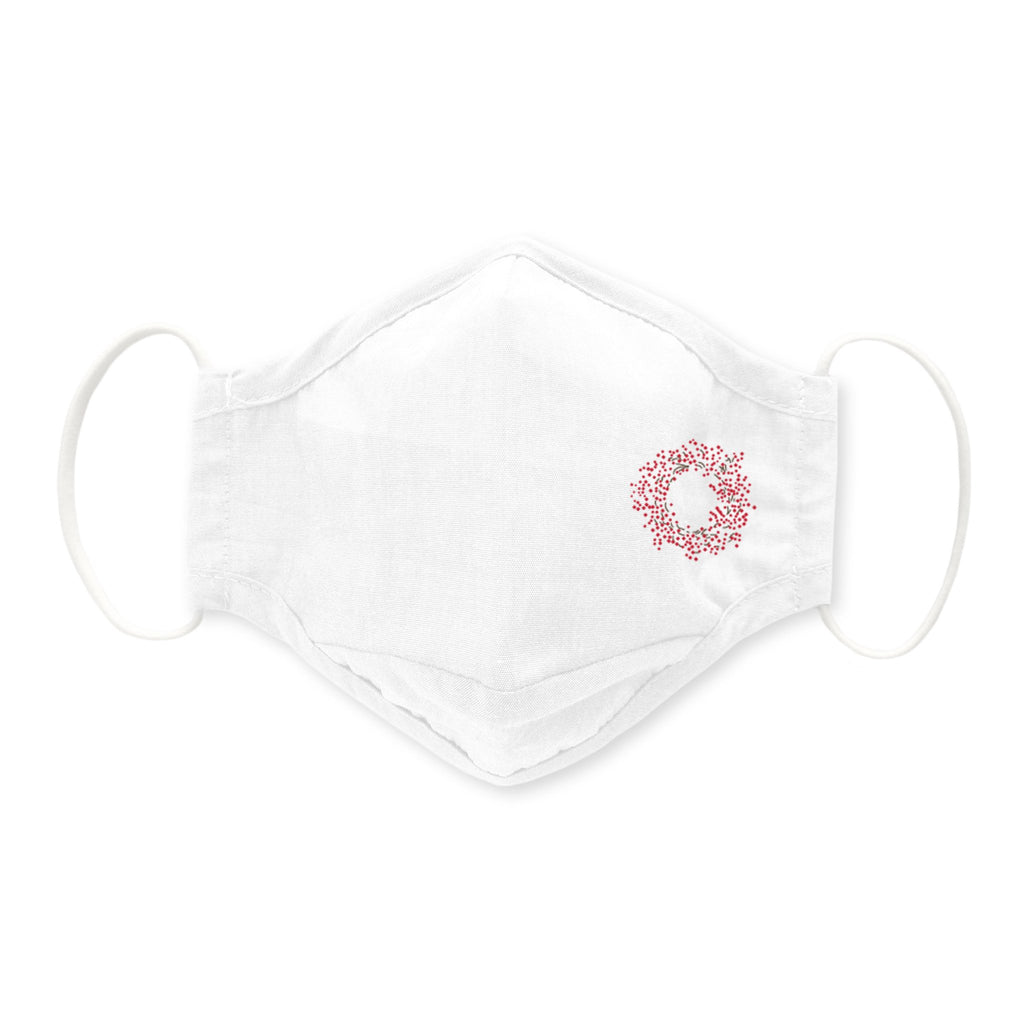Adult Face Mask, 3-Layer Woven Cotton Chambray, White, Red Rosehip Wreath