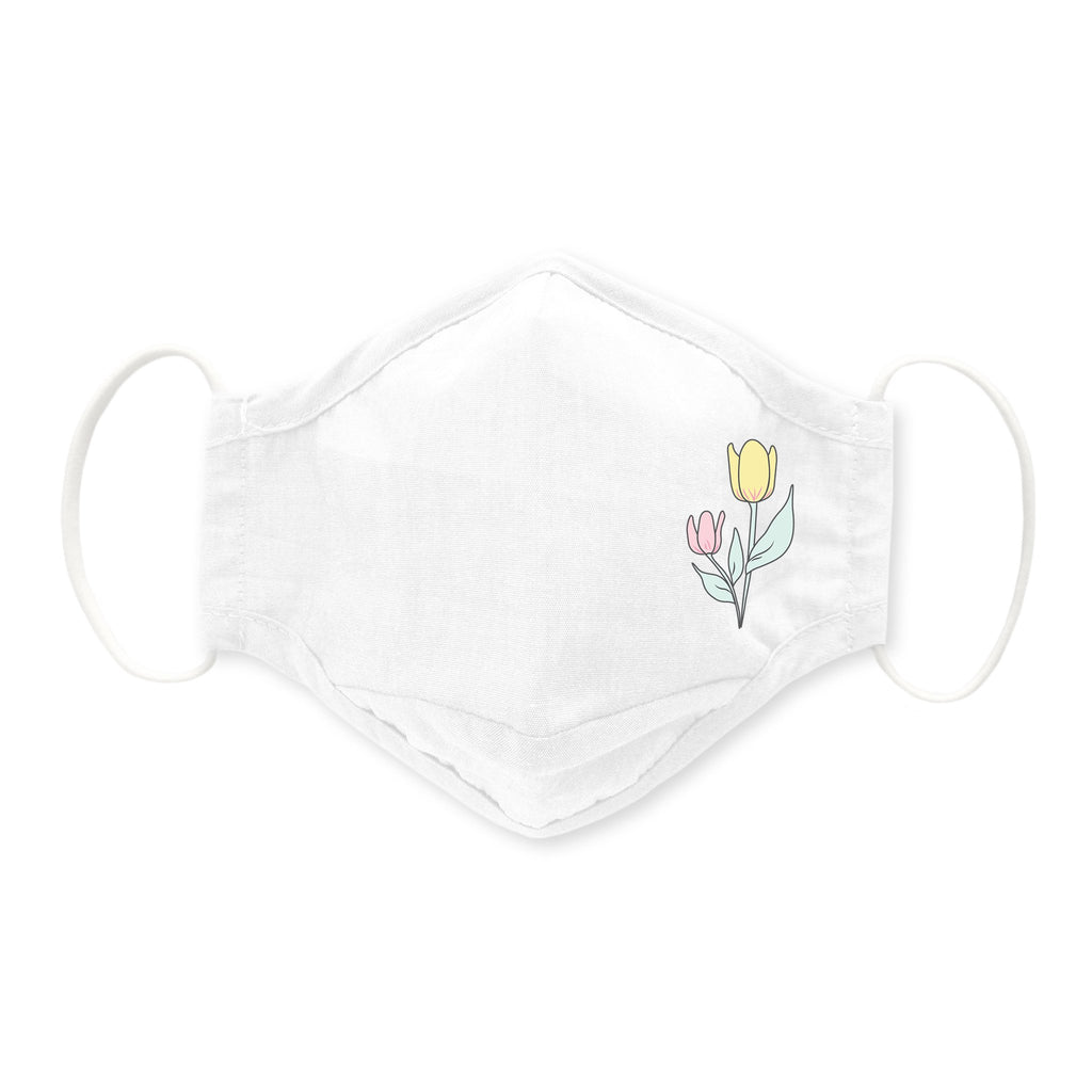 3-Layer Woven Cotton Chambray Face Mask, Tulips, White