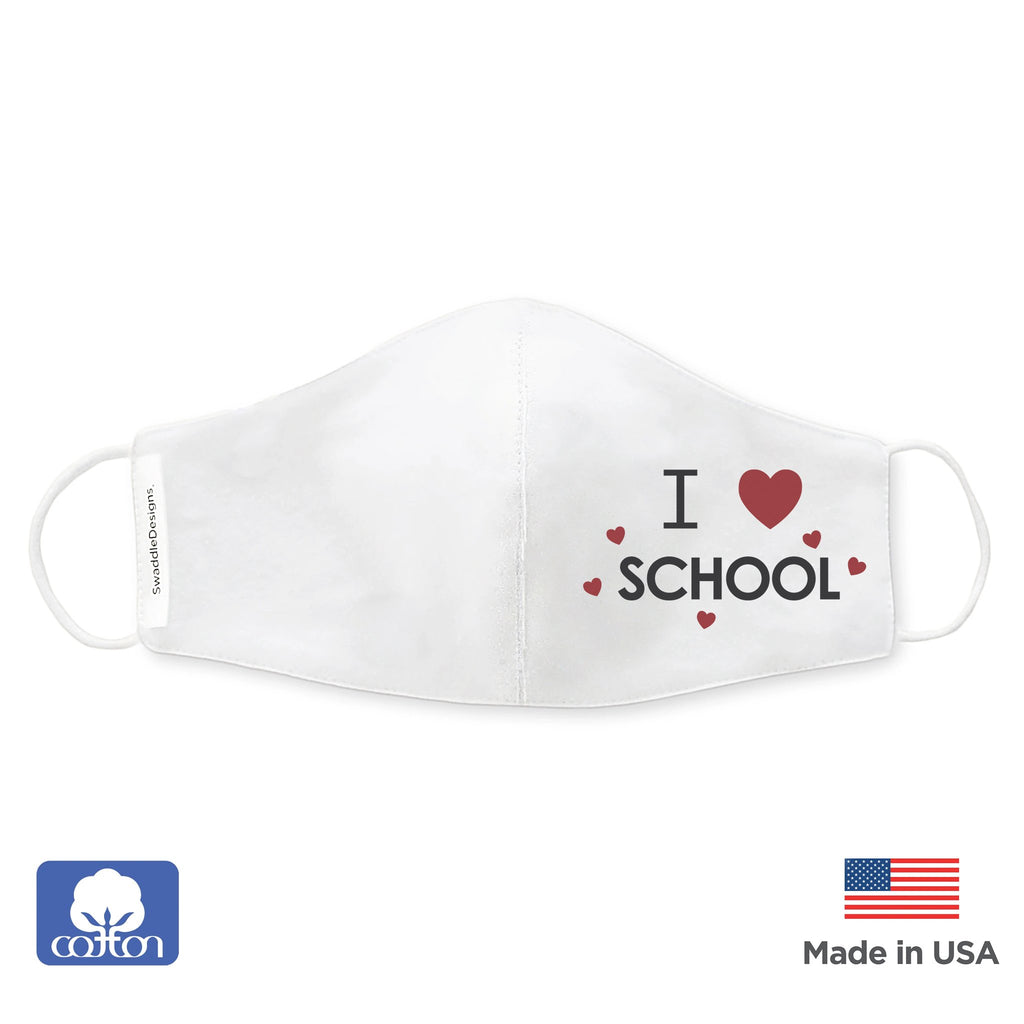 Kids Face Mask, 2-Layer Woven Cotton Flannel, White, Child Size, I Love School