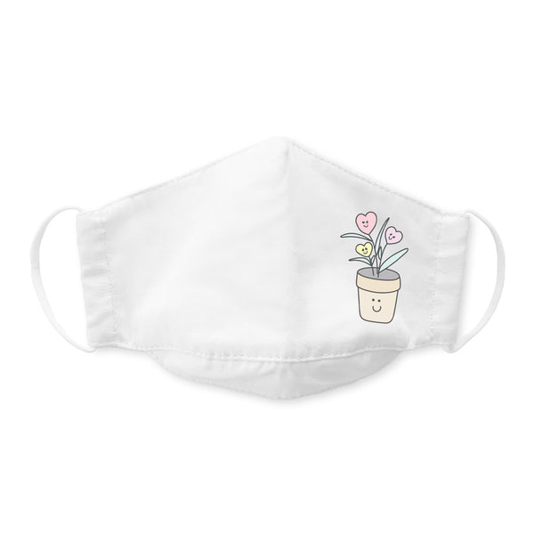 Kids Face Mask, 3-Layer Woven Cotton Chambray, White, Blooming Love