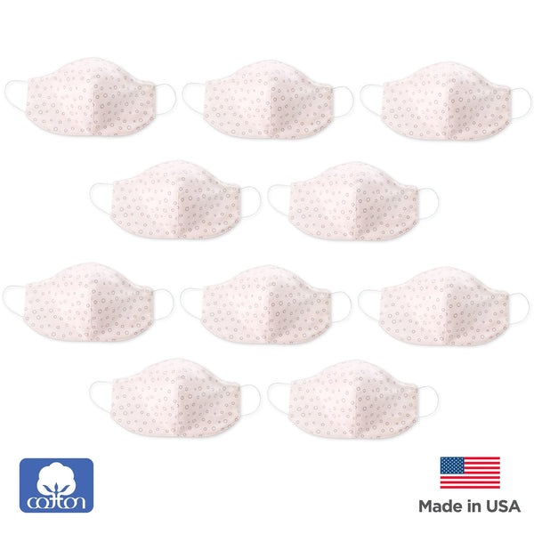 2-Layer Woven Soft Brushed Cotton Face Mask, Soft Black Bubble Dots, Made in USA, Soft Pink - 10 Pack