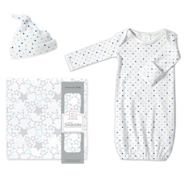 Muslin Swaddle, Pajama Gown and Hat Gift Set - Tiny Triangles, Blue, Newborn