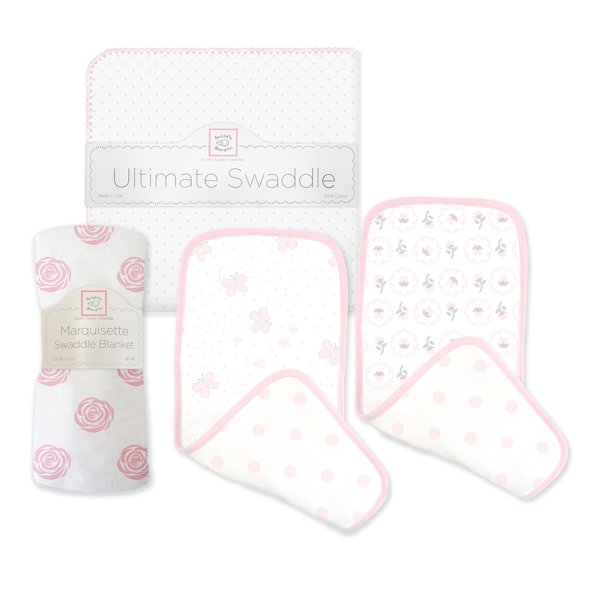 Ultimate Swaddle, Burpie and Marquisette Newborn Gift Set Pink SwaddleDesigns