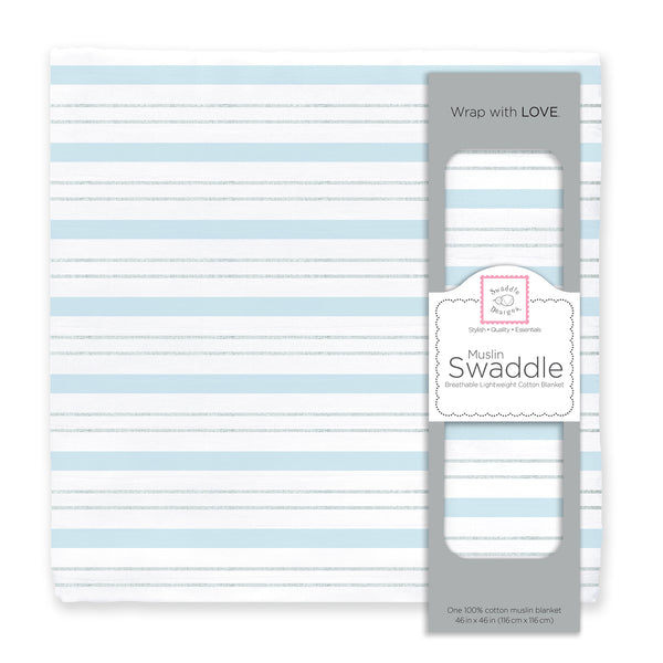 Muslin Swaddle Single - Serenity Stripes Shimmer, Blue