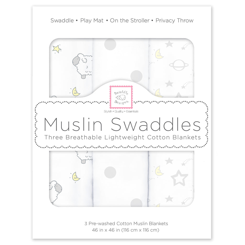 Muslin Swaddle Blankets - Little Lambs Goodnight, Sterling Gray & Pastel Yellow (Set of 3)