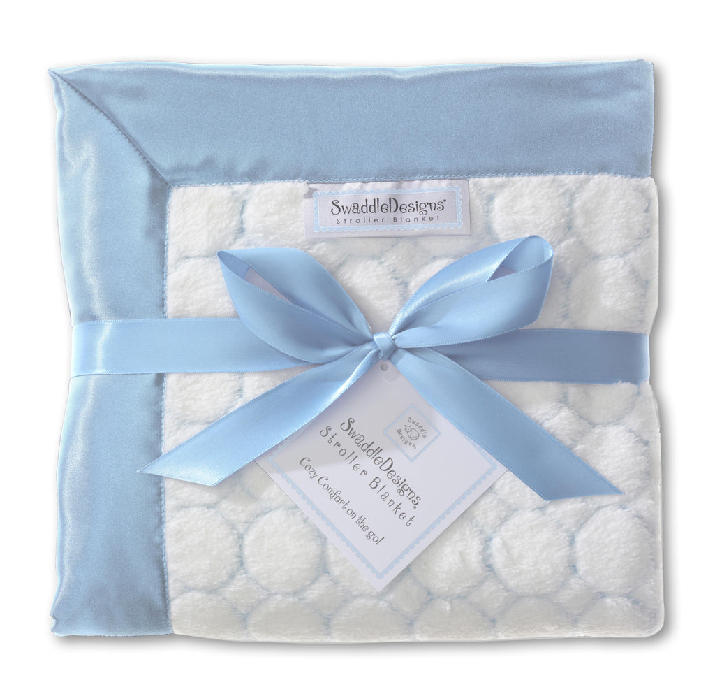 'Stroller Blanket – Puff Circles, Ivory with Pastel Blue Circles and Pastel Blue Trim, Large, 30x40' - Customized