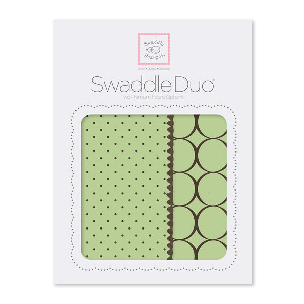 SwaddleDuo - Brown Polka Dots on Lime + Brown Mod Circles on Lime