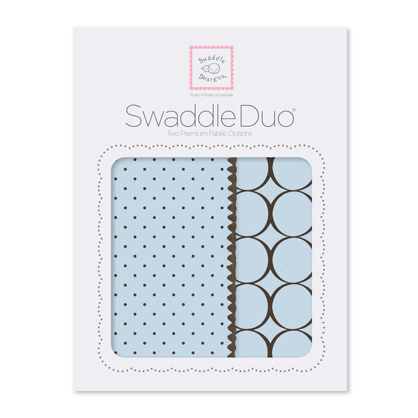 SwaddleDuo - Brown Polka Dots on Pastel Blue + Brown Mod Circles on Pastel Blue