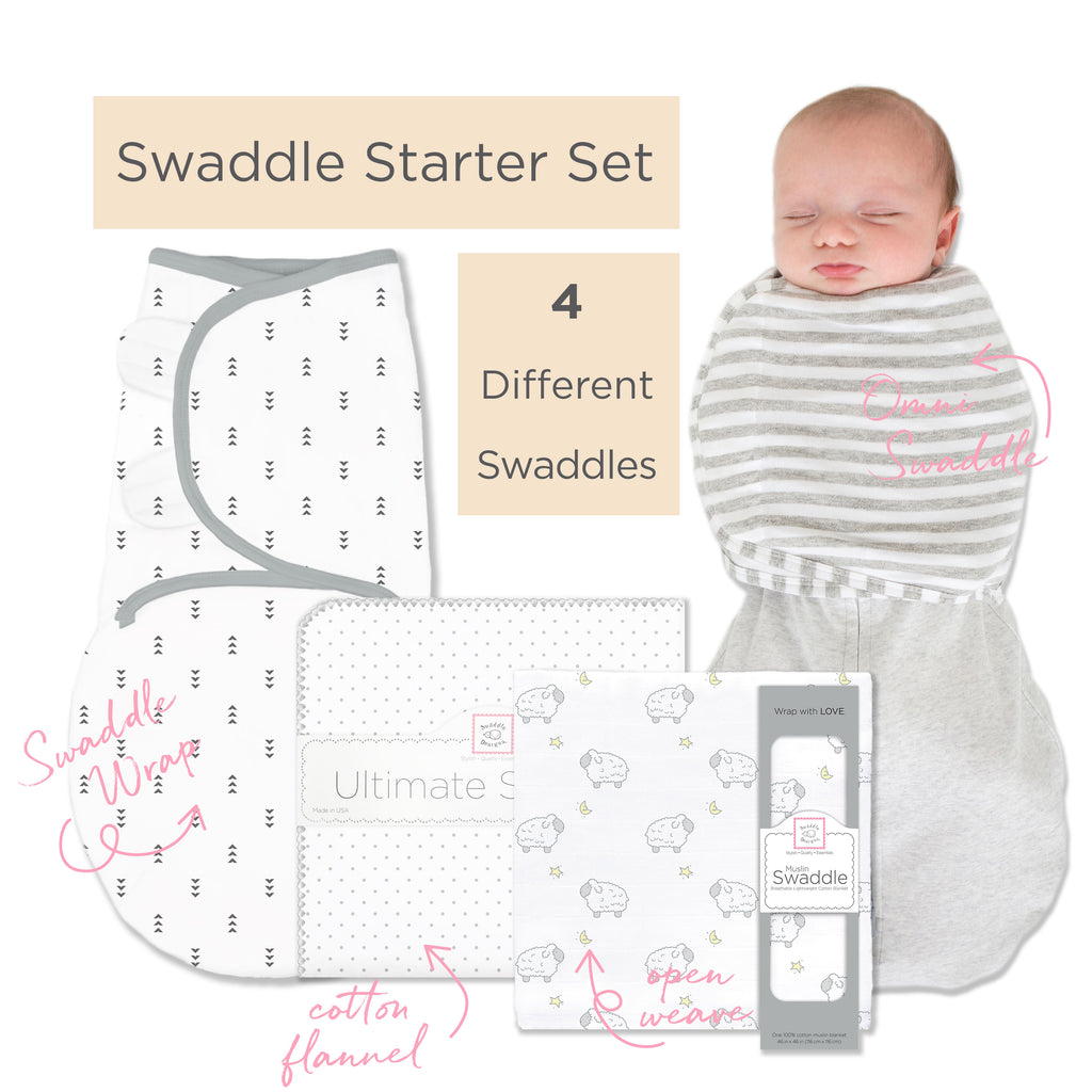 SwaddleDesigns Starter Set - Ultimate, Muslin Swaddle, Swaddle Wrap, and Heathered Sterling w/ Stripes Omni Newborn Gift Set, Sterling