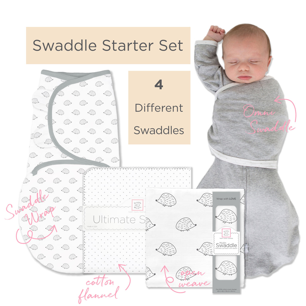 SwaddleDesigns Starter Set - Ultimate, Muslin Swaddle, Swaddle Wrap, and Heathered Gray Omni Newborn Gift Set, Sterling