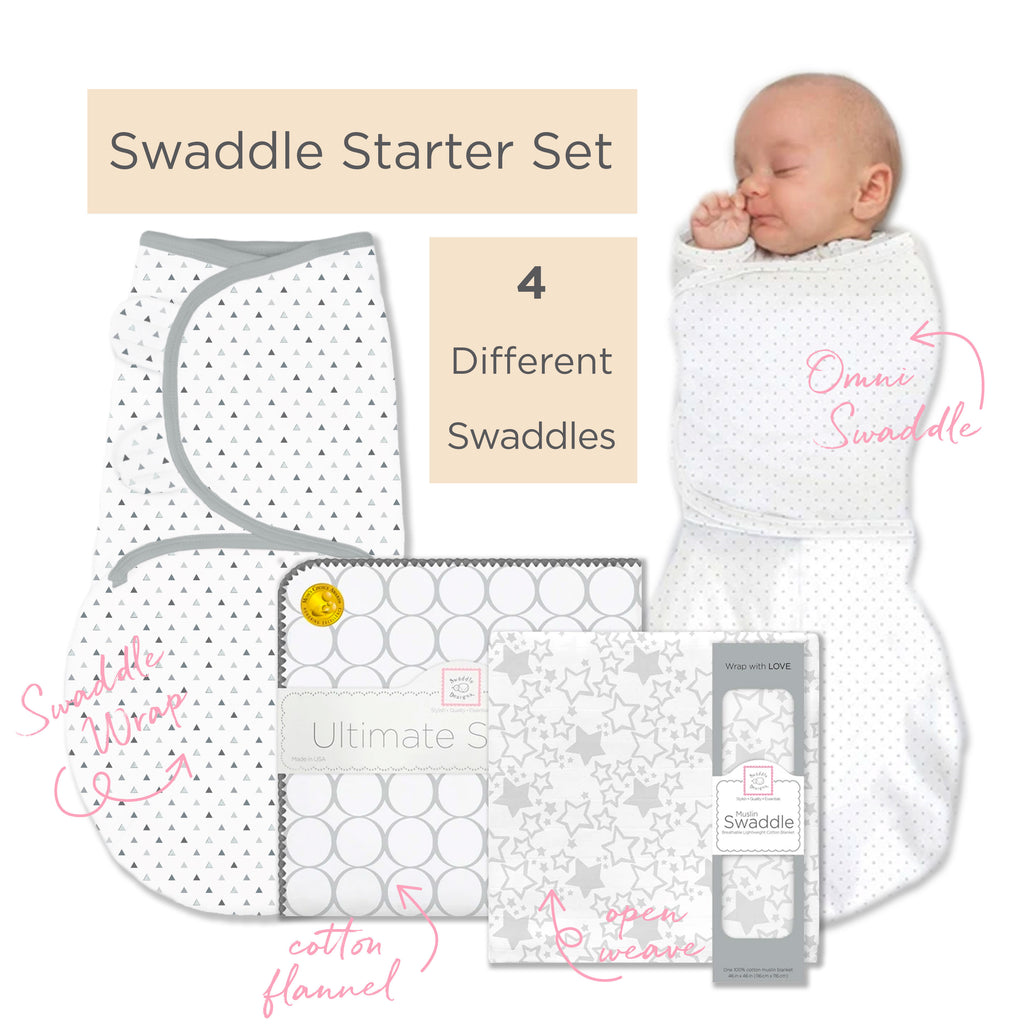 SwaddleDesigns Starter Set - Ultimate, Muslin Swaddle, Swaddle Wrap, and Classic Polka Dots Omni Newborn Gift Set, Sterling