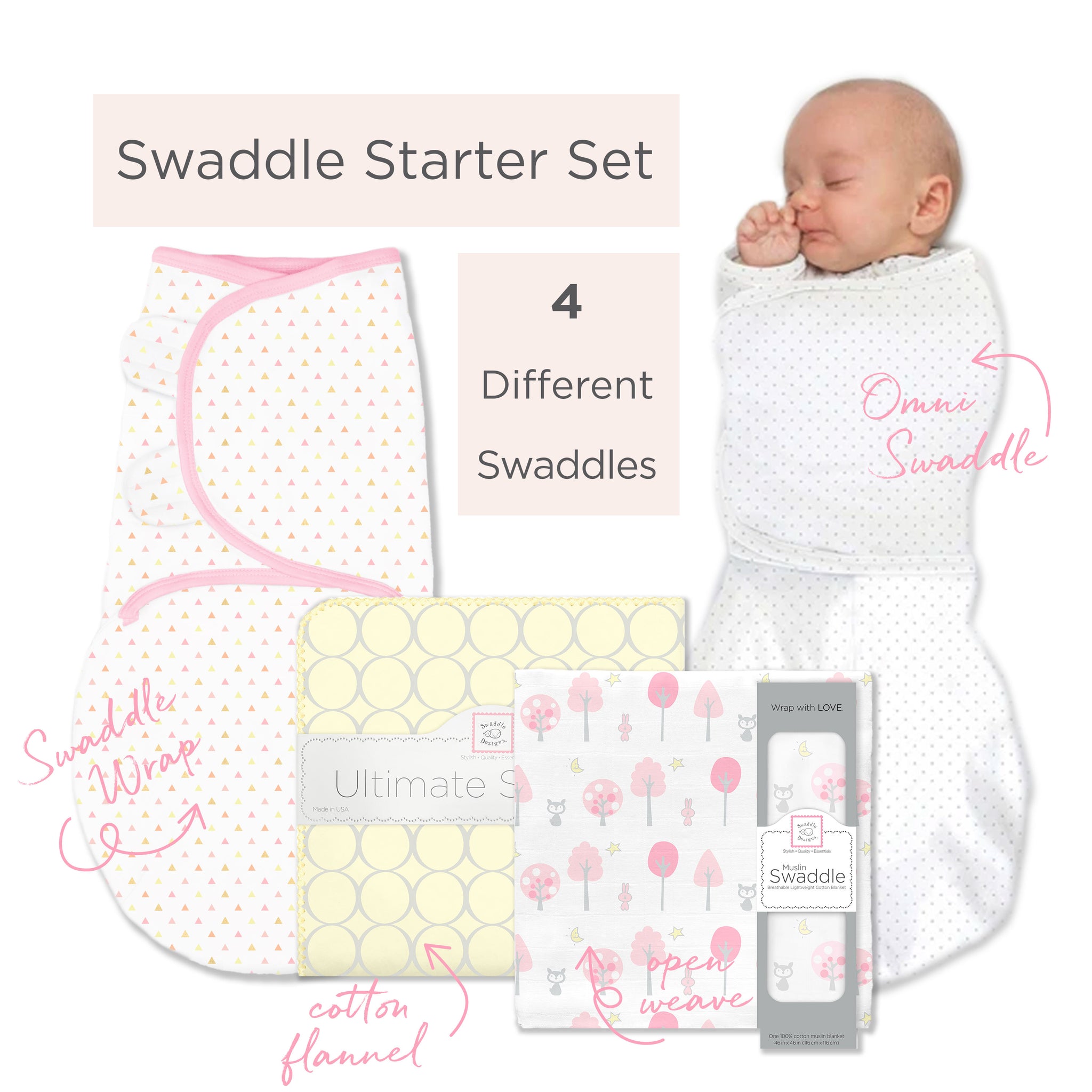 SwaddleDesigns Starter Set Ultimate, Muslin Swaddle, Swaddle Wrap, a