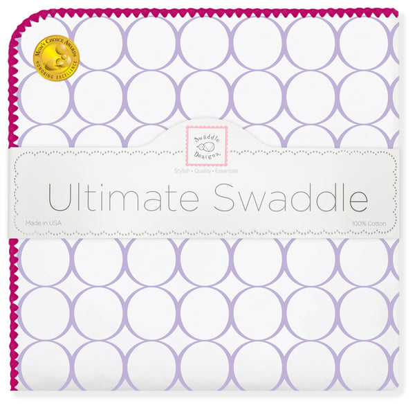 Ultimate Swaddle Blanket - Mod Circles on White, Lavender with Very Berry Trim