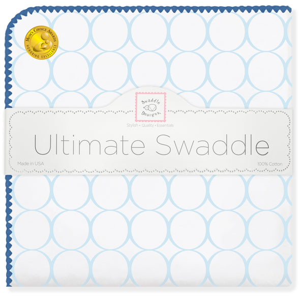 'Ultimate Swaddle Blanket - Mod Circles on White, Pastel Blue with True Blue Trim' - Customized
