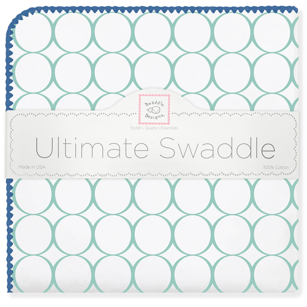 Ultimate Swaddle Blanket - Mod Circles on White, SeaCrystal with True Blue Trim