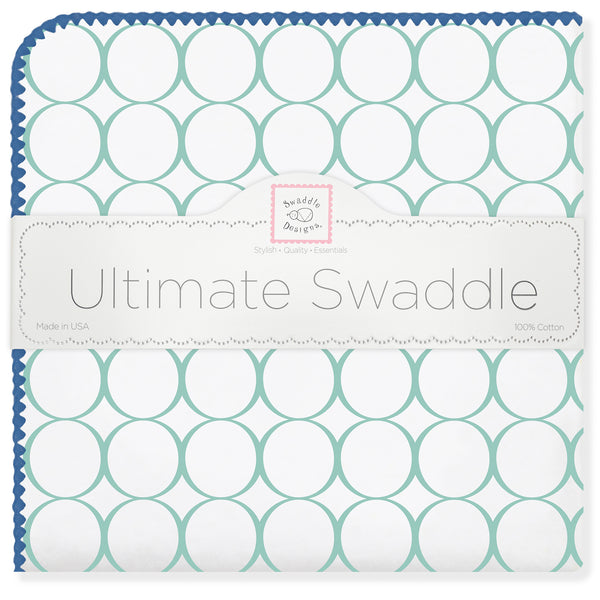 Ultimate Swaddle Blanket - Mod Circles on White, SeaCrystal with True Blue Trim