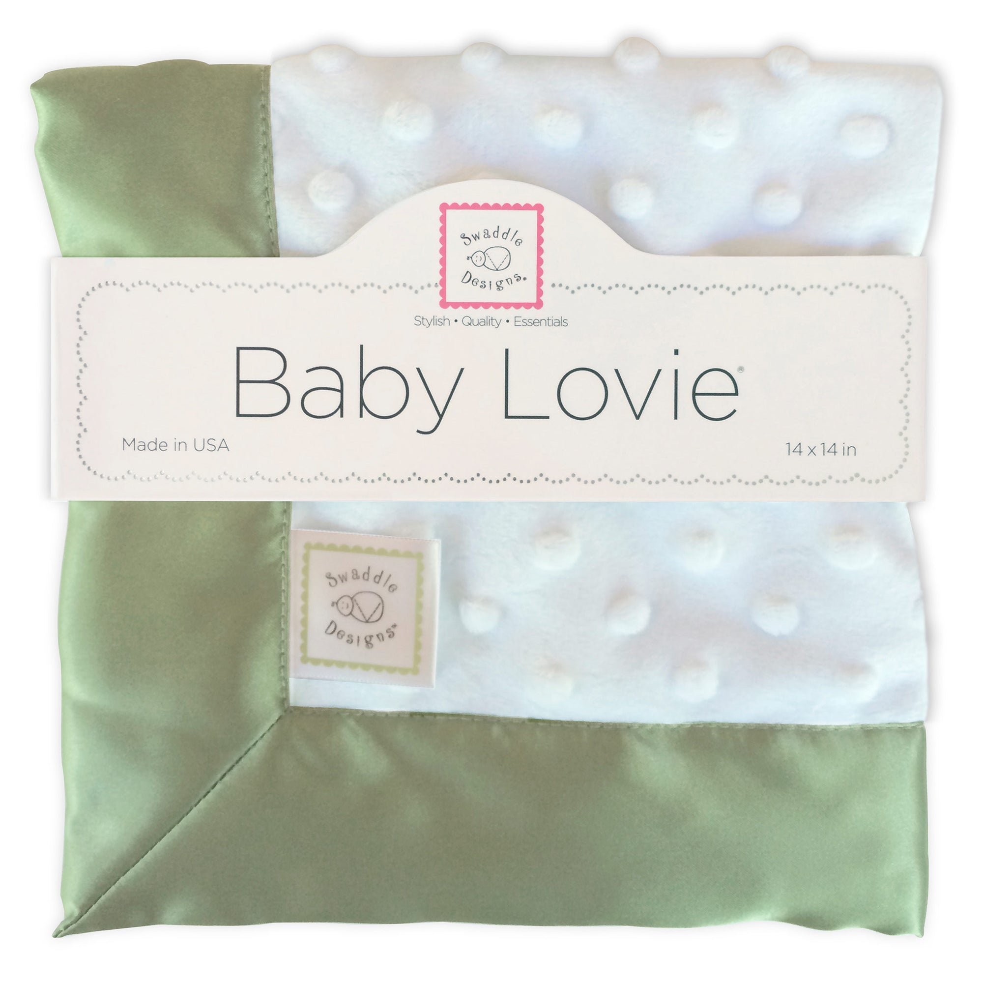 Baby Lovie White Plush Dots with Kiwi Silky Satin Trim SwaddleDesigns