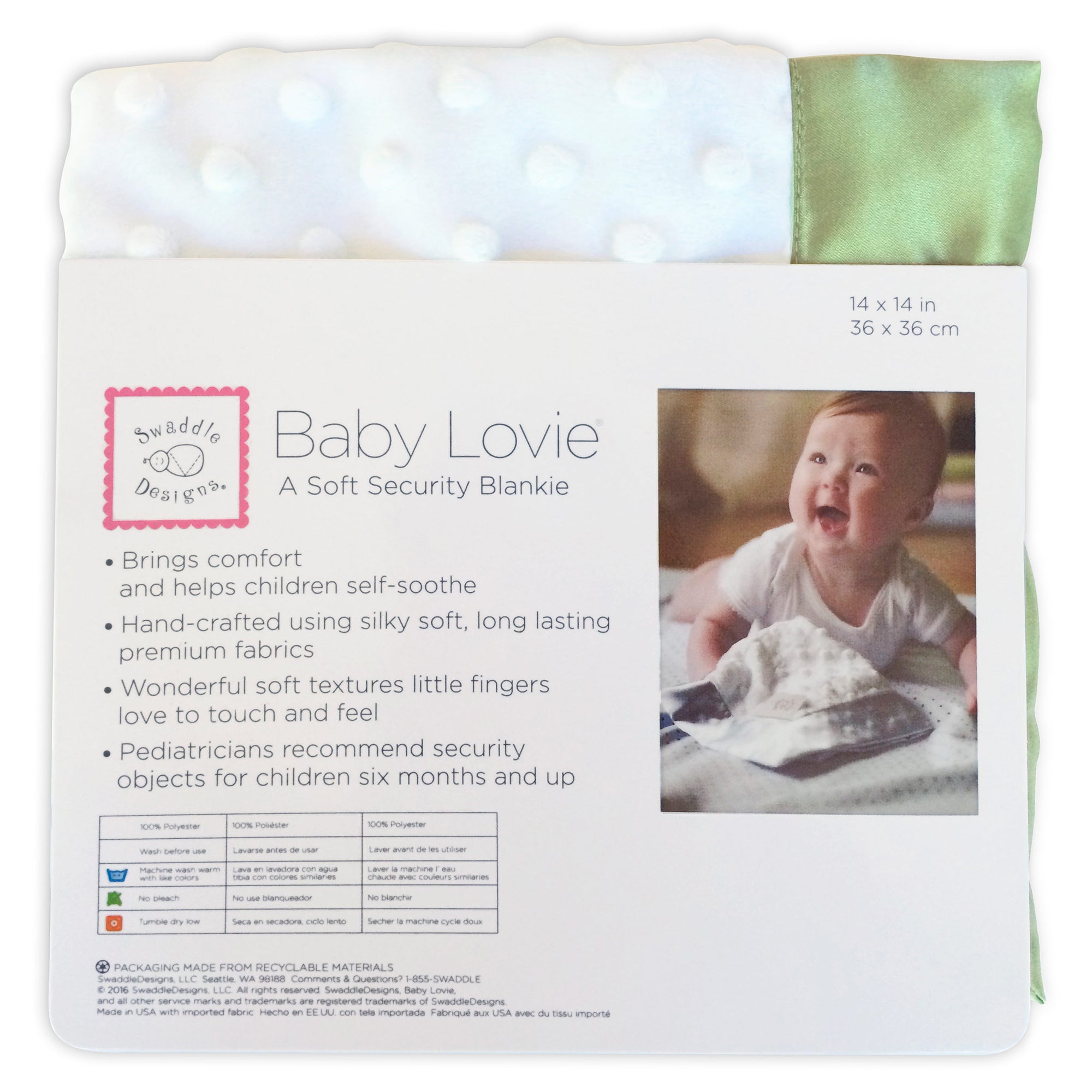 Baby Lovie White Plush Dots with Kiwi Silky Satin Trim SwaddleDesigns