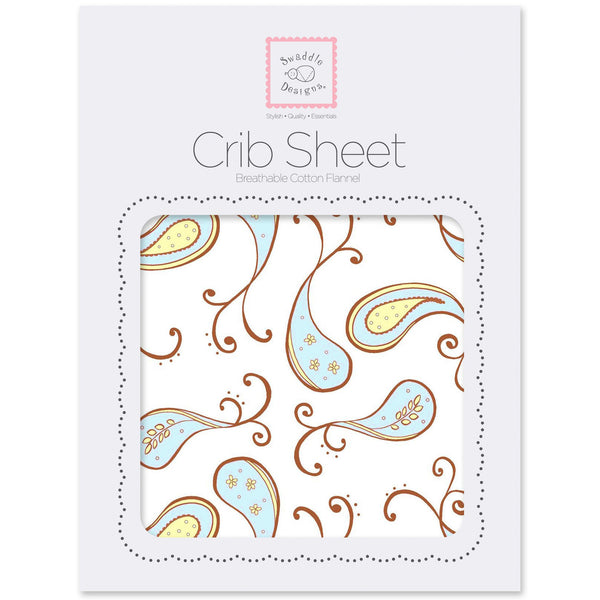 Flannel Fitted Crib Sheet - Triplets Paisley, Pastel Blue