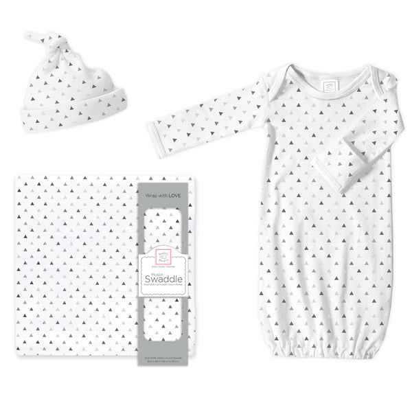Muslin Swaddle, Pajama Gown and Hat Newborn Gift Set - Tiny Triangles, Grays with a Touch of Shimmer