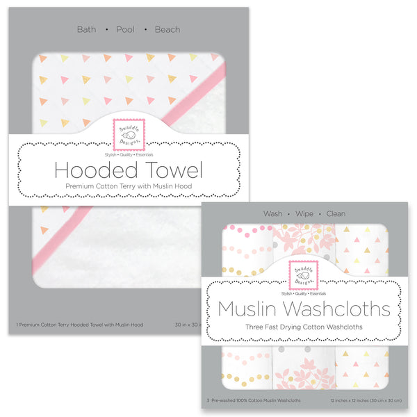 Muslin + Terry Hooded Towel and Washcloth Set - Tiny Triangles, Pink