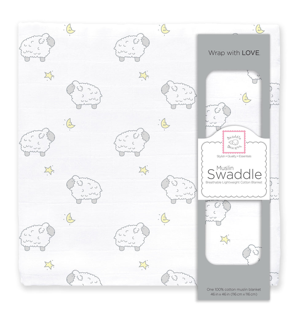 Muslin Swaddle Single Little Lambs, Moons Stars, Sterling Pale Banana