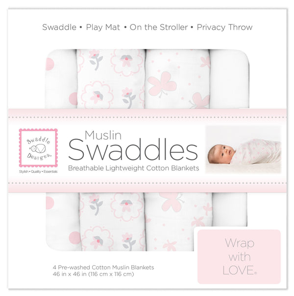 Muslin Swaddle Blankets - Butterflies and Posies (Set of 4)