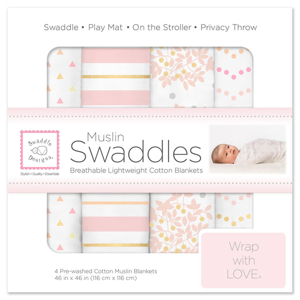Muslin Swaddle Blankets - Heavenly Floral with Touch of Gold Shimmer (Set of 4)