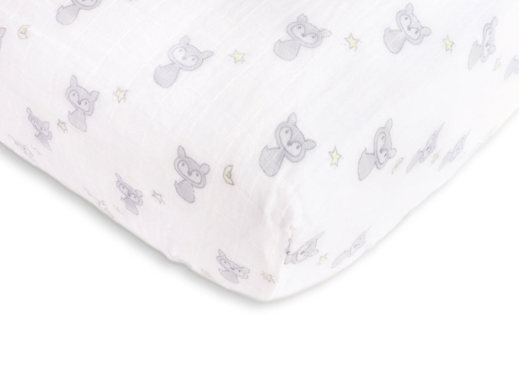 Muslin Fitted Crib Sheet Fox, Star Moon, Sterling, Pale Banana