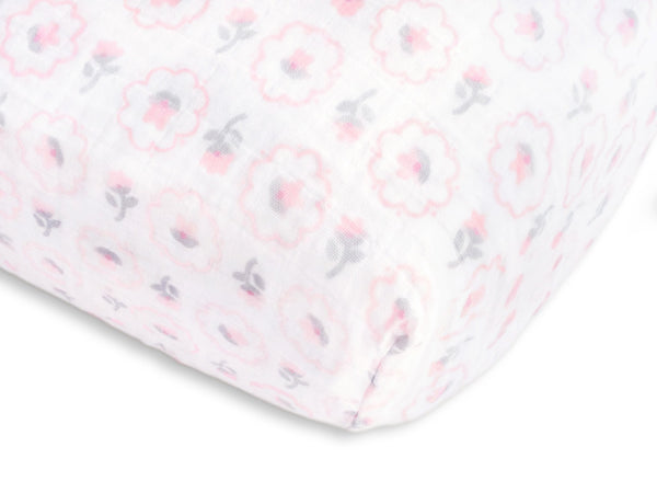 Muslin Fitted Crib Sheet - Posies - Pastel Pink