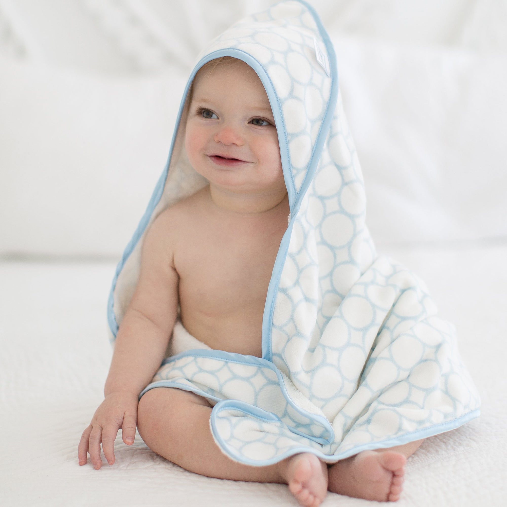 Organic Cotton Terry Velour Hooded Towel Pastel Blue Mod Circles on