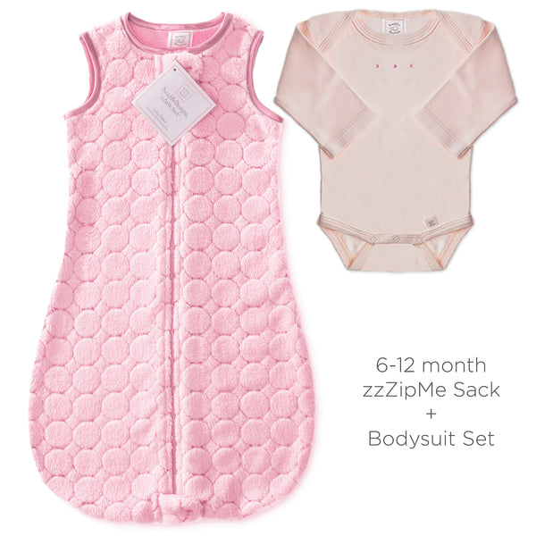 Cozy Puff Non-Weighted zzZipMe Sack + Pastel Body Suit, Pink