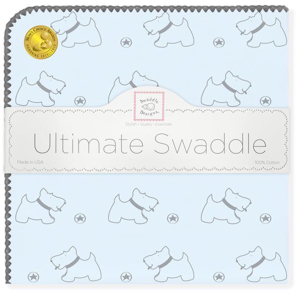 Ultimate Swaddle Blanket - Gray Doggie, Blue with Gray Trim - Customized