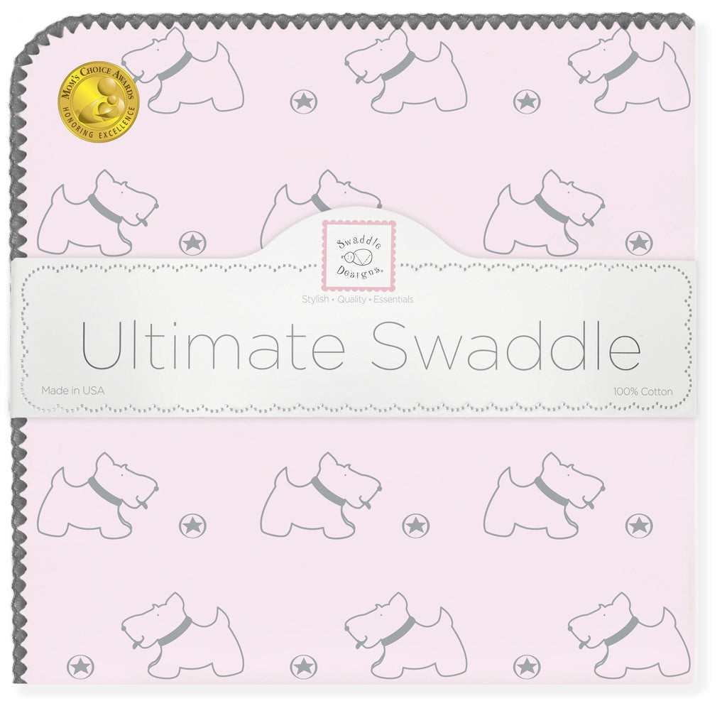Ultimate Swaddle Blanket - Gray Doggie, Pink with Gray Trim - Customized
