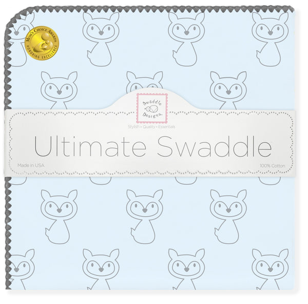 Ultimate Swaddle Blanket - Gray Fox, Blue with Gray Trim - Customized