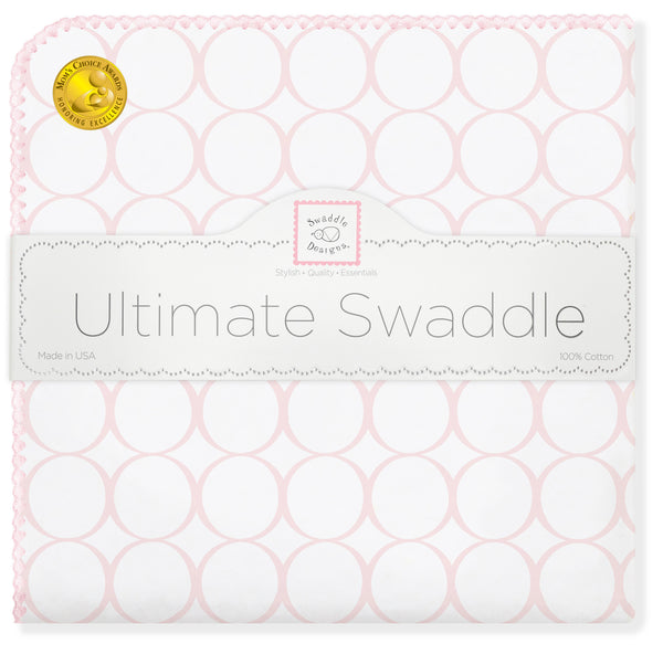 Ultimate Swaddle Blanket - Mod Circles on White, Pastel Pink