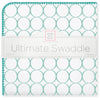 Ultimate Swaddle Blanket - Mod Circles on White, SeaCrystal with Turquoise Trim