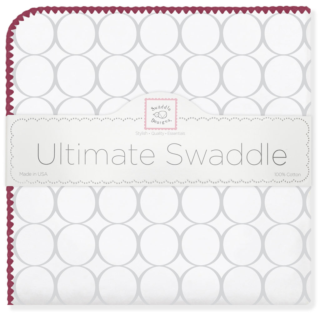 Ultimate Swaddle Blanket - Mod Circles on White, Sterling w/ Strawberry Trim - Customized