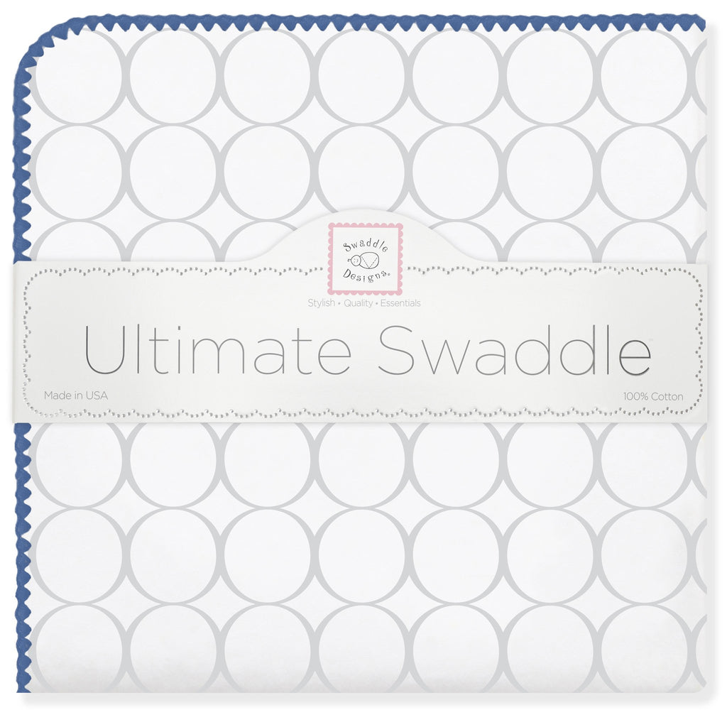 Ultimate Swaddle Blanket - Mod Circles on White, Sterling with True Blue Trim - Customized