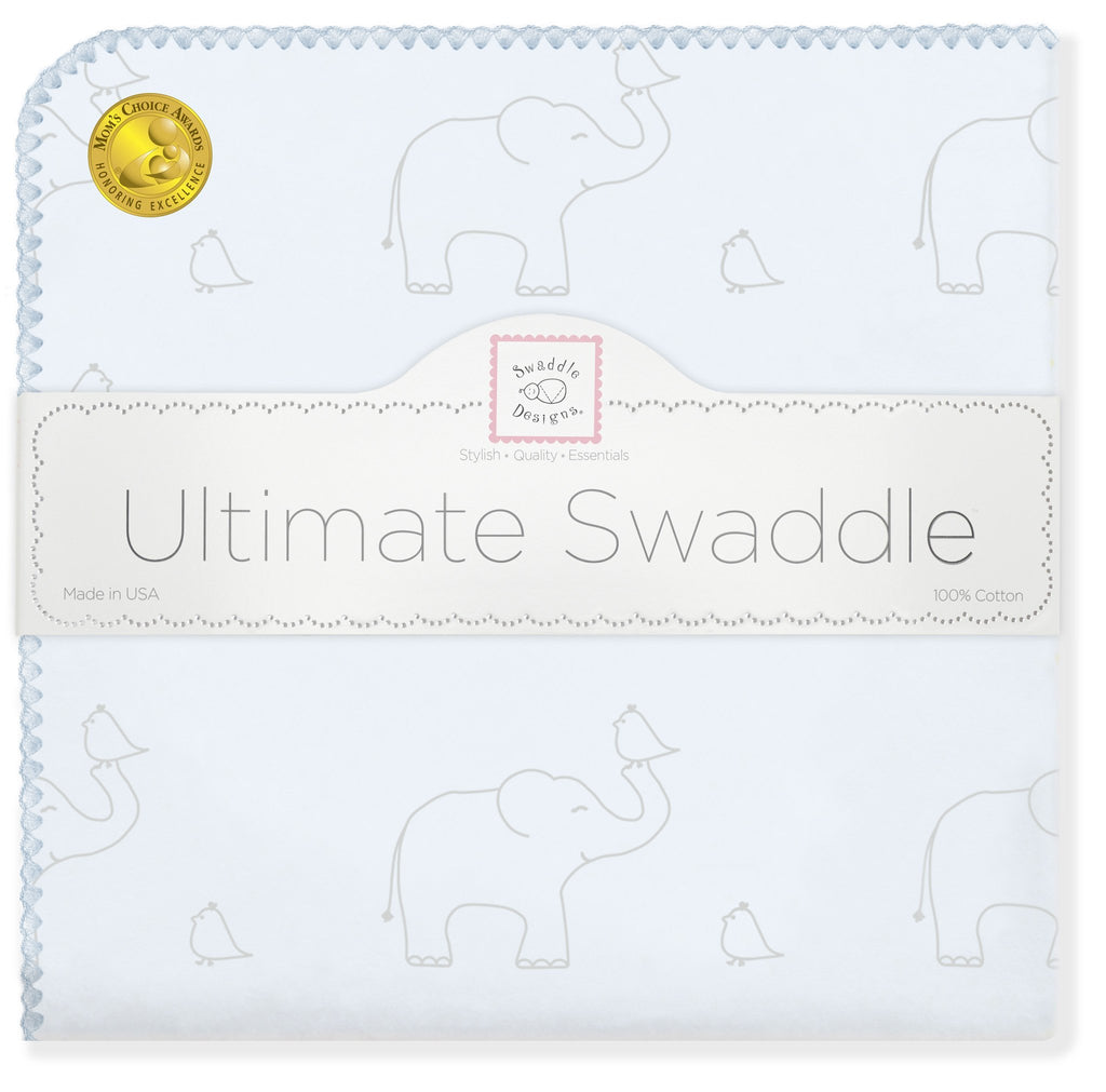 Ultimate Swaddle Blanket - Sterling Deco Elephants, Sunwashed Blue - Customized