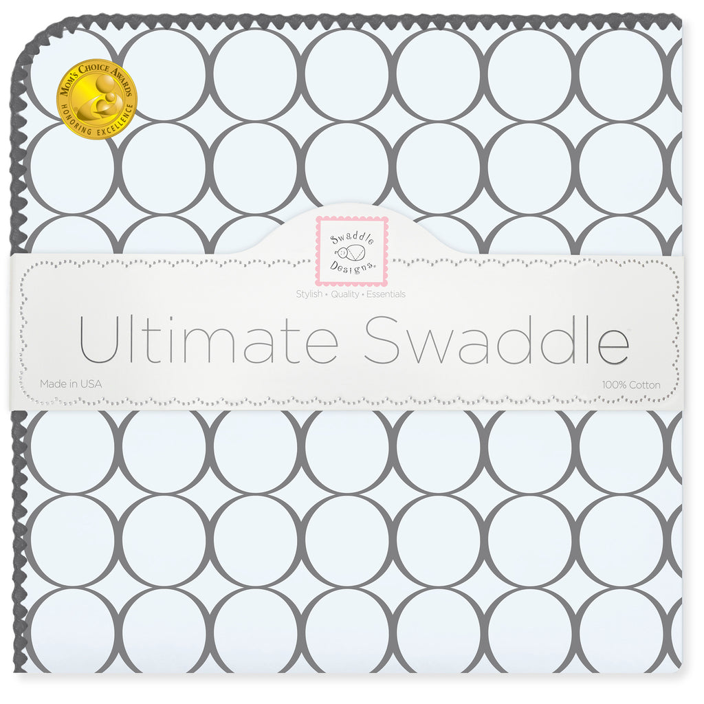 Ultimate Swaddle Blanket - Soft Black Pearl Mod Circles on Soft Blue