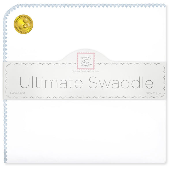 Ultimate Swaddle Blanket - White with Pastel Trim, Pastel Blue - Customized
